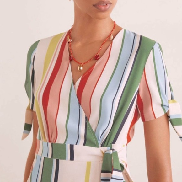 Mango Multi Color Striped Wrap Midi Dress Size 2 Short Sleeve Ruffle Hem NWT - Picture 2 of 5